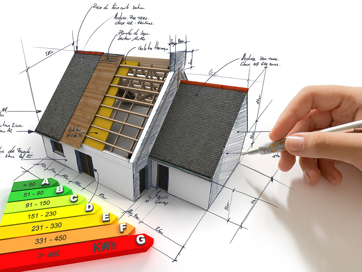 Illustration of 3D house diagram with efficiency scale